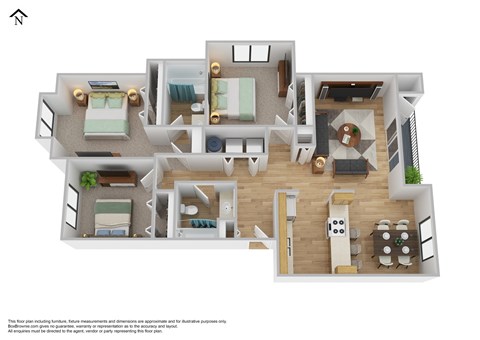 Floor plan for 3 beds, 2 baths, 1216 sqft